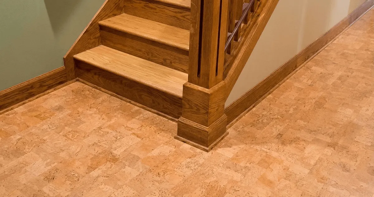End of a staircase with cork flooring in Wilmington, NC